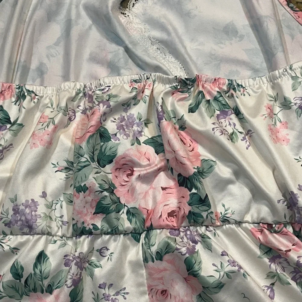 Floral Halter Nightgown Pink Rose Print Lace Trim Satin Sleep Dress‎ Cream Small